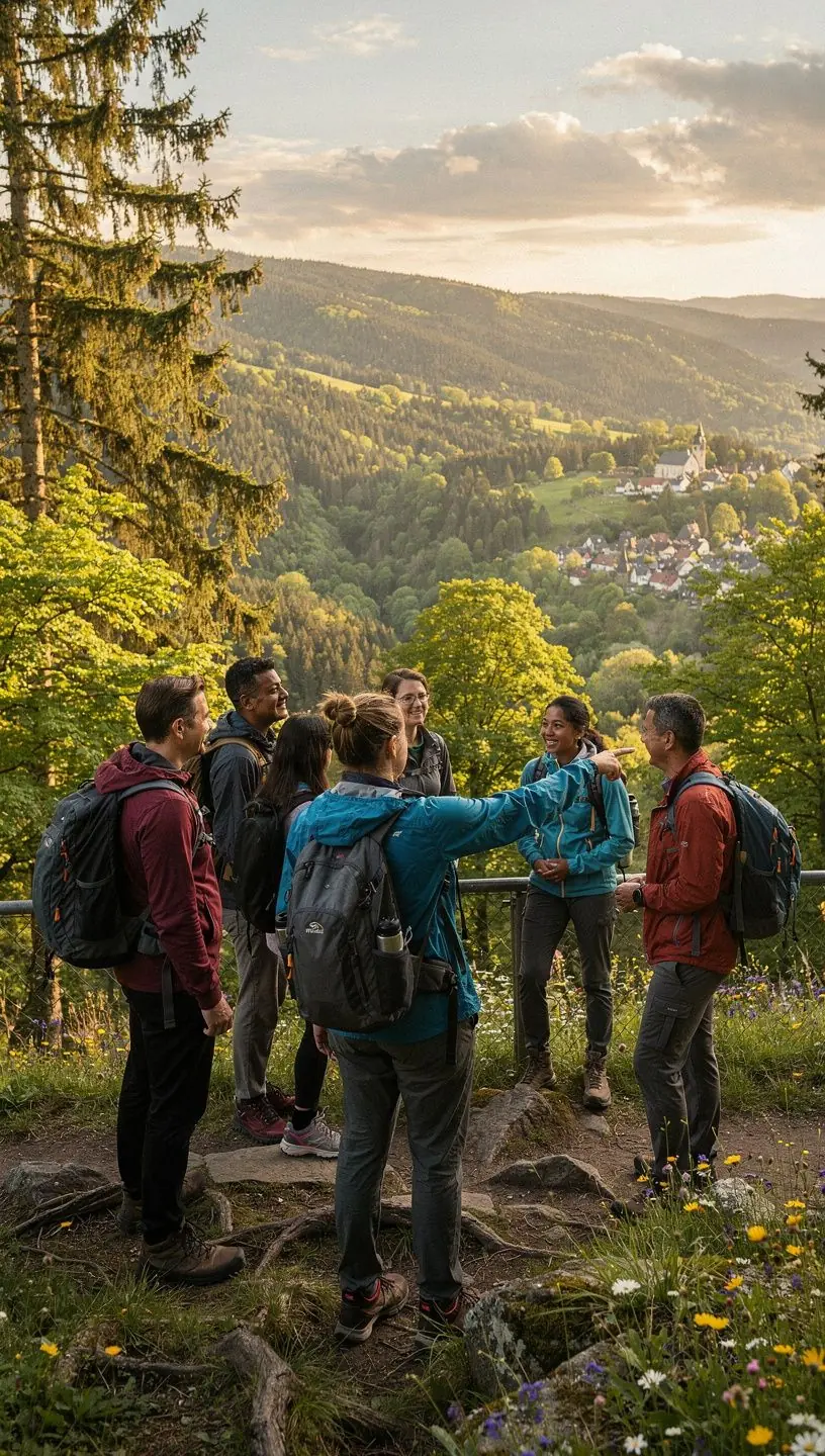 Touristengruppe erkundet ein berühmtes deutsches Schloss bei klarem Himmel